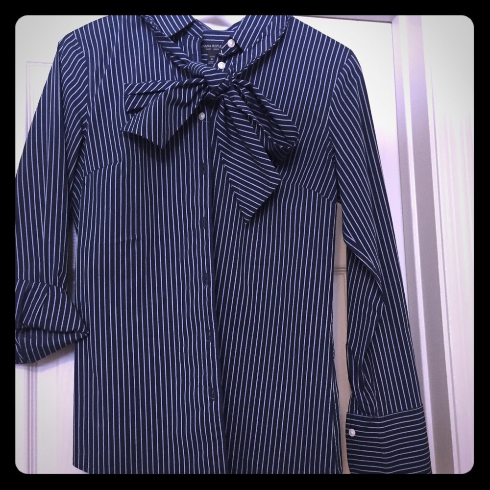 Navy white stripe button up blouse